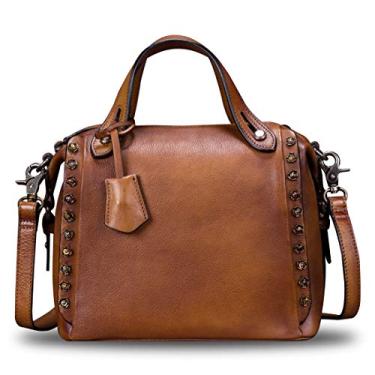 Imagem de Bolsas e bolsas de couro genuíno para mulheres vintage feitas à mão bolsa de ombro de couro fashion bolsa transversal com alça, Marrom, Medium