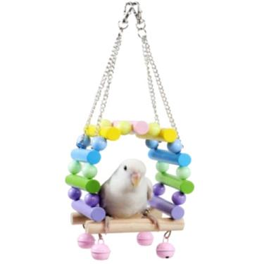 Imagem de Balanço de pássaro de madeira para calopsitas, papagaio, brinquedos pendurados, periquitos, suportes de gaiola, playground, acessórios de ginástica, brinquedo de escalada de sino de contas coloridas para periquitos, conures e periquitos (grande)