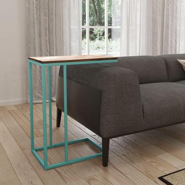 Imagem de Mesa Lateral Industrial Elena Tampo Amendoa Base Ferro Azul Turquesa - Preto