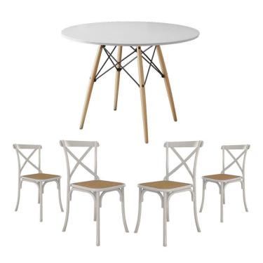 Imagem de Conjunto De Mesa Eiffel Redondo Tampo De Madeira 90Cm Branco Com 4 Cadeiras Katrina Brancao
