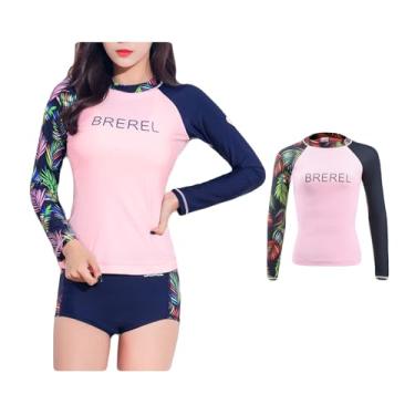 Imagem de Bestgift Fato de mergulho feminino com snorkeling maiô fino de manga comprida protetor solar secagem rápida roupa de surf rosa top GG