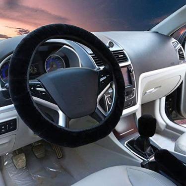 Imagem de Tianmei 3 peças de capa de volante macia de pelúcia para carro com elasticidade (35 cm de diâmetro) conjunto de capa de freio e alavanca de engrenagem para carro de lã sintética de inverno (preto-3 peças)
