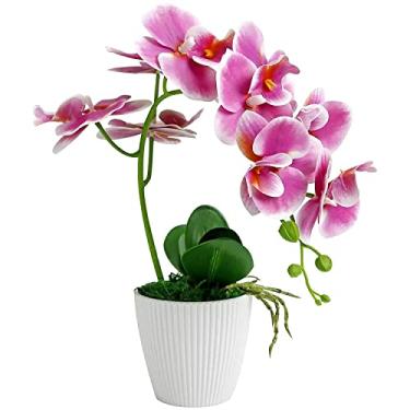 Imagem de Flor de orquídea artificial plantas artificiais interior orquídea roxa decorativa falsa orquídea flores falsas bonsai com vaso de cerâmica arranjo de mesa festa decoração de casa enfeites para sala de