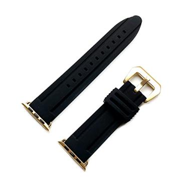 Imagem de Pulseira de silicone macia com acabamento dourado reforçado com fivela larga (BMD-GLD) luxuosa, casual, de borracha, de liberação rápida, compatível com Apple 44 mm, iWatch 1, 2, 3, 4, 5, Series Nike Hermes Edition-Black Color Band