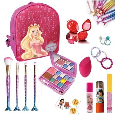 Imagem de Maquiagem Infantil Kit com Mochila Rosa Princesa, mais de 20 Itens, 2 Batons, Gloss, 4 Pincéis de Sereia, Paleta de Sombras com Blush Pincel, Anel, Pulseira, Tatuagem, Brinquedo Menina, Maquiagem Para Crianças.