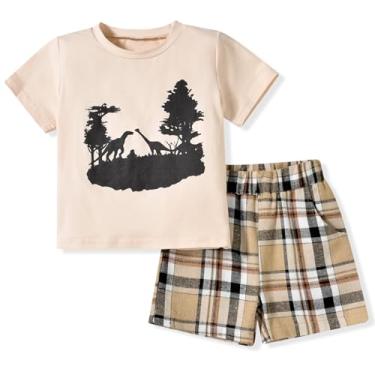 Imagem de fioukiay Conjunto de roupas de verão para meninos pequenos, manga curta, estampa de letras, camiseta camuflada e shorts, Xadrez bege, 5 Anos