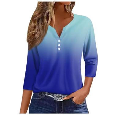 Imagem de Camisetas femininas de verão com manga 3/4 de comprimento 2024 com botões e gola V elegantes roupas estampadas, Ofertas relâmpago azul-celeste, M