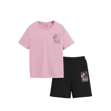 Imagem de Floerns Conjunto de 2 peças de camiseta de manga curta com gola redonda e estampa tropical para meninos, Rosa claro, 10Y