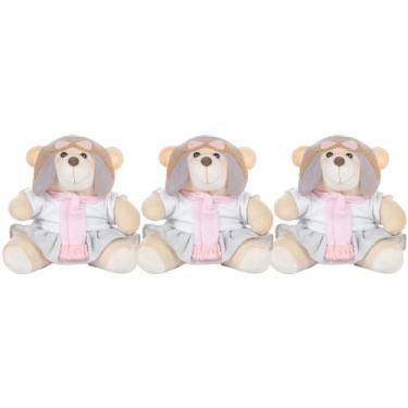 Imagem de Trio De Ursos 18cm Para Nicho Decoração Menina Aviadora Rosa Cinza Bebê Baby Decoração Quarto Festa Pelúcia Presente