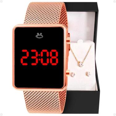 Imagem de Relogio Digital Aço Inox Feminino Brincos Colar Caixa