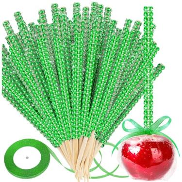 Imagem de Palitos brilhantes para maçãs doces, 26 peças de espetos pontiagudos de madeira de maçã caramelo com 26 peças de saco de vidro e laço de fitas de glitter de 22 jardas, palitos de bambu de cristal