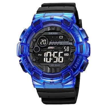Imagem de Gosasa Relógio de pulso masculino moderno multifuncional com mostrador grande, esportivo, ao ar livre, relógio digital masculino casual, à prova d'água, luz traseira de LED, Azul, preto, Esportivo