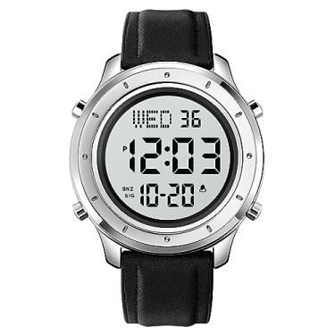 Imagem de Gosasa Relógio masculino multifunções LED digital pulseira de couro esporte ao ar livre relógio de pulso masculino casual relógio masculino aço inoxidável à prova d'água cronômetro, Prata, branco, L,