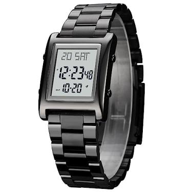 Imagem de RNONDRY Relógio digital masculino para homens e mulheres, relógios retangulares de aço inoxidável, relógio de pulso masculino à prova d'água, Preto, Digital