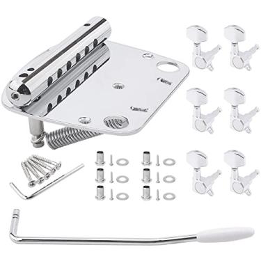 Imagem de Swhmc Conjunto de ponte Fender Mustang Tremolo – Peça traseira de liga de zinco niquelado para guitarra Mustang (prata, com 6 maçanetas)