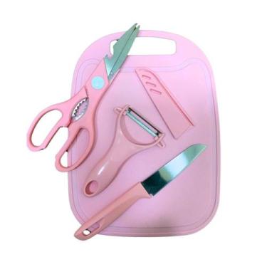 Imagem de Kit Culinário 4 Peças Tábua Descascador Ralador Faca Duráveis - Time, 