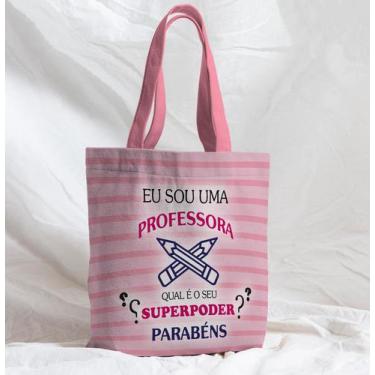 Imagem de Bolsa Sacola Artesanal de Tecido Professora Escola Listrado Rosa - Cor
