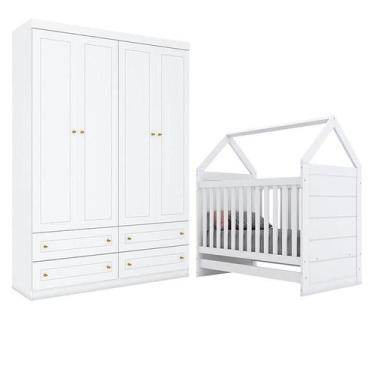 Imagem de Berço Montessoriano e Guarda Roupa Infantil Americano 4 Portas Branco 
