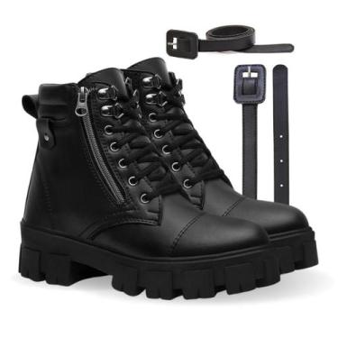 Imagem de Kit Bota Feminina Coturno Feminino Tratorada Casual Zíper Lateral Cano