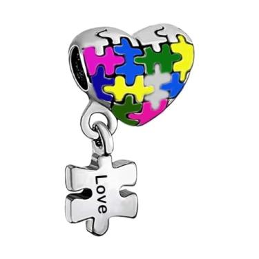 Imagem de OutstandLong Novo berloque de conscientização do autismo, peça de quebra-cabeça esmaltado, contas ASD, coração, amor, Pandora, berloques para pulseira europeia, Metal, Base