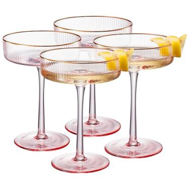 Imagem de Khen Copos de cupê Art Deco vintage com nervuras - Martini, champanhe e dia dos namorados, copos canelados, 227 g | Conjunto de copos de cálice ondulado de cristal, rosa dourado, 4 peças, presente de