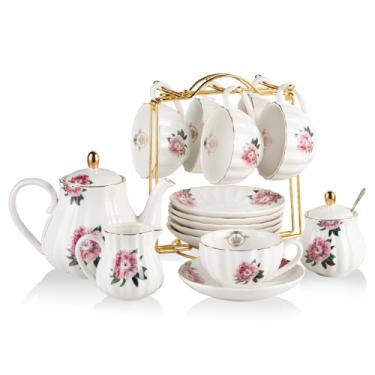 Imagem de Jogo de chá de porcelana série British Royal, xícaras de 236 ml e pires para 6, com bule, açucareiro, leiteira, colheres de chá e infusor, adequado para chá da tarde, casamento, festa
