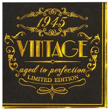 Imagem de Crisky Guardanapos de Aniversário de 80 Anos Ouro Preto Vintage 1942, 50 Unidades, 3 Camadas, Preto e Ouro (Black and Gold), Papel