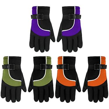 Imagem de 3 pares de luvas de neve infantis de inverno à prova d'água, quentes, à prova de vento, ajustáveis, antiderrapantes, para crianças, meninos, meninas, clima frio (laranja, verde militar, roxo, 6 a 12