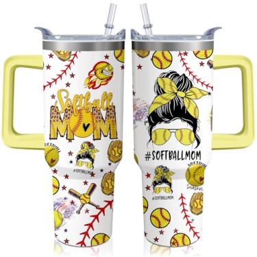 Imagem de Kearscupra Copo de softbol Mom MaMa de 1,134 g com alça, presente de dia das mães para mulheres, copo de aço inoxidável isolado para treinador esportivo com tampa e canudos, caneca de café