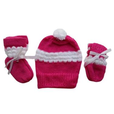 Imagem de Kit de bebê recém nascido tricô 3 peças de lã touca, luvinha e sapatin