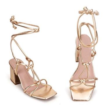 Imagem de Sandália Feminina Dourada Amarração Salto Bloco - Rizzi Shoes, 34, Dou