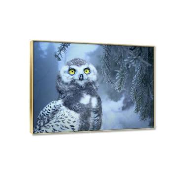 Imagem de JZSDGB Moldura dourada - tela de neve de inverno, arte de parede, natureza, paisagem, impressão em tela, coruja, pintura de arte de neve para paredes de casa moderna, corredor, quartos, 80 x 105 cm