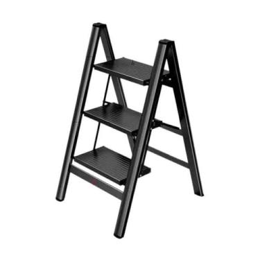 Imagem de Escada dobrável Escada Doméstica Interna Multifuncional Engrossada Liga de Alumínio Escada Dobrável Três Degraus Escadas Portátil Pequena Escada Bancos Banco de degrau dobrável(Preto,Médio)