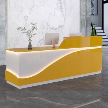 Imagem de Mesa de recepção moderna para escritório, balcão de recepção, recepção de recepção, mesa de balcão de escritório de madeira projetada com tiras de luz para salões de beleza, amarelo + branco, 140 cm