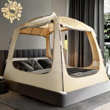 Imagem de RIYDH Barraca para cama, dossel respirável 100% para adultos e crianças, redução de luz, barracas de sonho para dormir, interior, portátil, grande espaço com cordão de luz, 4 portas, solteiro, queen