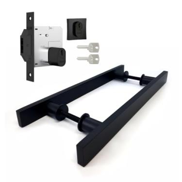 Imagem de Kit Puxador Pegador Porta Correr Madeira 1 Metro Preto Fosco Duplo + Fechadura Completa Stam Porta Correr Asa de Avião