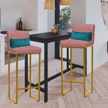 Imagem de Kit 02 Banqueta Alta com Encosto Lucca Industrial Cozinha Balcão Ferro Dourado Suede Rose Gold e Almofada Azul Turquesa - Ahz Móveis