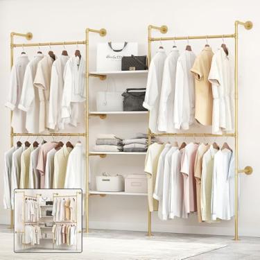 Imagem de DABILONGC Suporte para roupas de tubo industrial, cabide ajustável resistente com prateleiras, 2 métodos de instalação sistema de armazenamento de armário para organização de guarda-roupa (ouro, 203