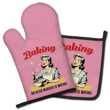 Imagem de Geygie Conjunto engraçado de luvas de forno e suportes de panela Baking Because Murder is Wrong, utensílios de cozinha vintage, presentes de inauguração de casa para chefe de cozinha, presentes de