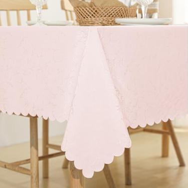 Imagem de Qubjus Toalha de mesa retangular jacquard de alta peso, à prova d'água, à prova de óleo, com capa de mesa de renda, para mesa de jantar, 137 x 213 cm, rosa