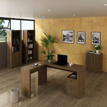 Imagem de Conjunto Home Office 4 Peças Com 1 Mesa Em L 2 Estantes 1 Balcão Espresso Móveis Nogal