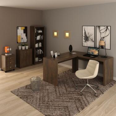 Imagem de Conjunto Home Office 4 Peças Com 1 Mesa Em L 1 Balcão 1 Gaveteiro 1 Estante Espresso Móveis Rústico