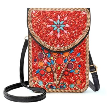 Imagem de Ayuoejik Bolsa tiracolo feminina pequena com contas, carteira de ombro para celular Boho com contas coloridas feitas à mão, Árvore vermelha, Decorativo