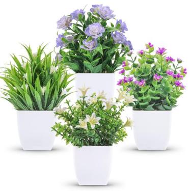 Imagem de Pacote com 4 plantas artificiais Der Rose com flores para decoração de