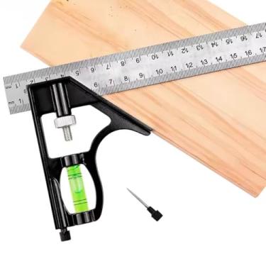 Imagem de Esquadro Com Régua De Aço Inox Para Medições Técnicas Ferramenta Profissional Com Escala De Medição E Caneta Inclusa