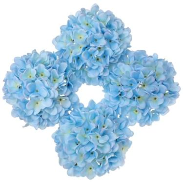 Imagem de Hollyone Cabeças de flores artificiais de hortênsia de seda azul claro 18,8 cm, grande, 4 peças de flores falsas completas com hastes para mesa de festa de casamento, arranjos de flores, decoração de