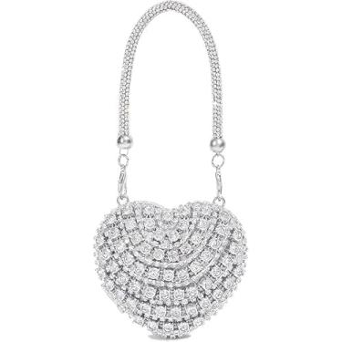 Imagem de Sweetovo Bolsas clutch em formato de coração de strass para mulheres, bolsas de noite brilhantes para formatura, coquetel, festa de casamento, Prata - 1, Small