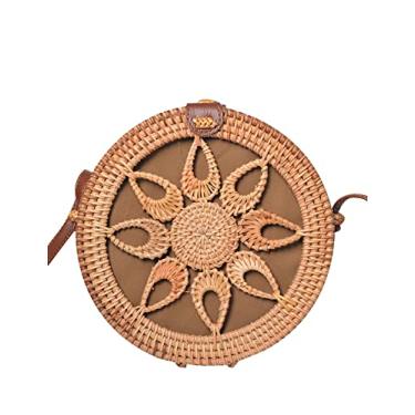 Imagem de SHAREYOIU Bolsas de ombro redondas de vime feitas à mão, estilo tropical de praia natural chique com alça de couro, Água, BIG ,7.87 x 3.2 inches