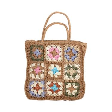 Imagem de SHAREYOIU Bolsa de ombro de palha natural feita à mão, bolsa de praia com flores, Caqui