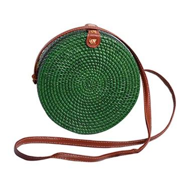 Imagem de SHAREYOIU Candy Colors Bolsas de ombro redondas de vime feitas à mão, estilo praia tropical natural chique com alça de couro, 1 # verde, Big，7.87x 3.2 inch